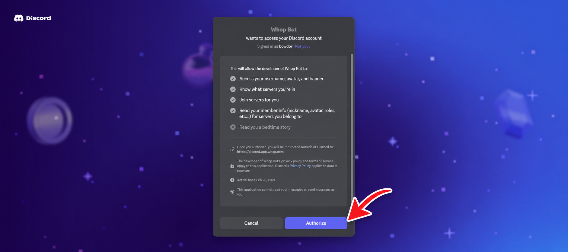 חץ המצביע על Authorize במסך ההרשאה של Whop Bot